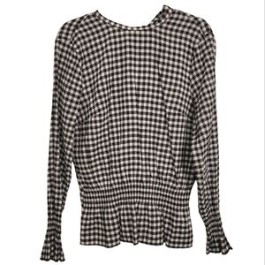 H&M Women's 12 black white gingham V tie back long sleeve blouse top casual